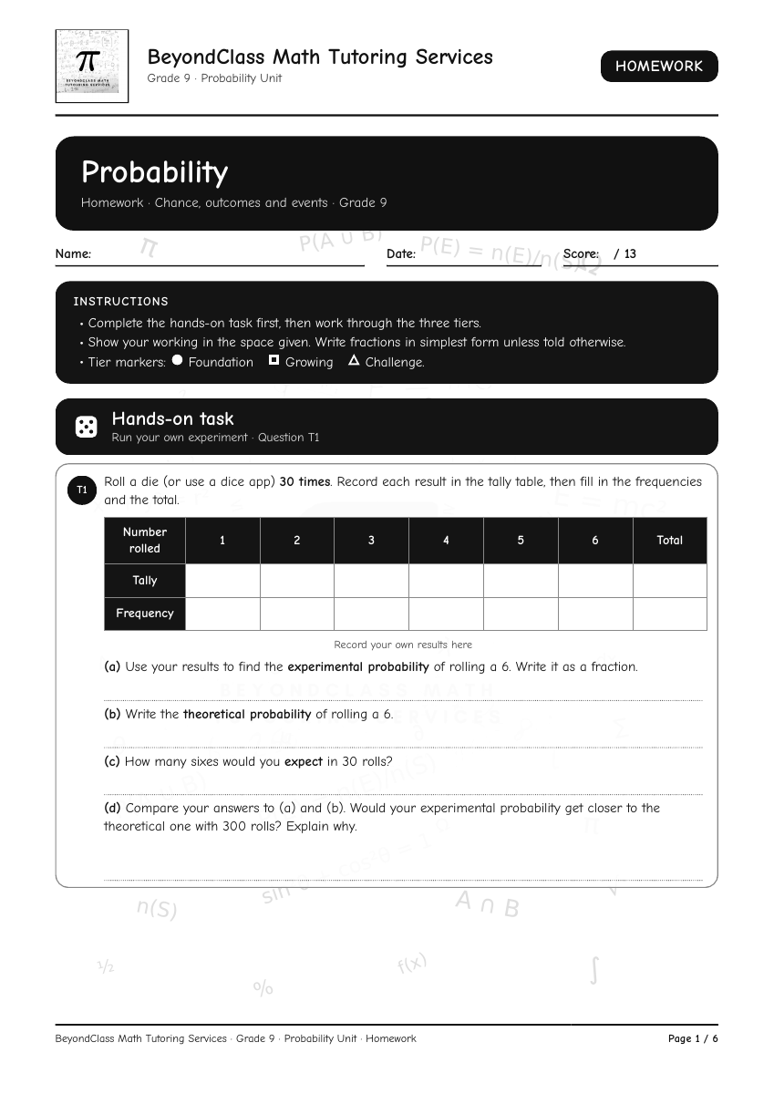 First page of the BeyondClass Grade 9 probability homework, showing a dice experiment and spaces for working